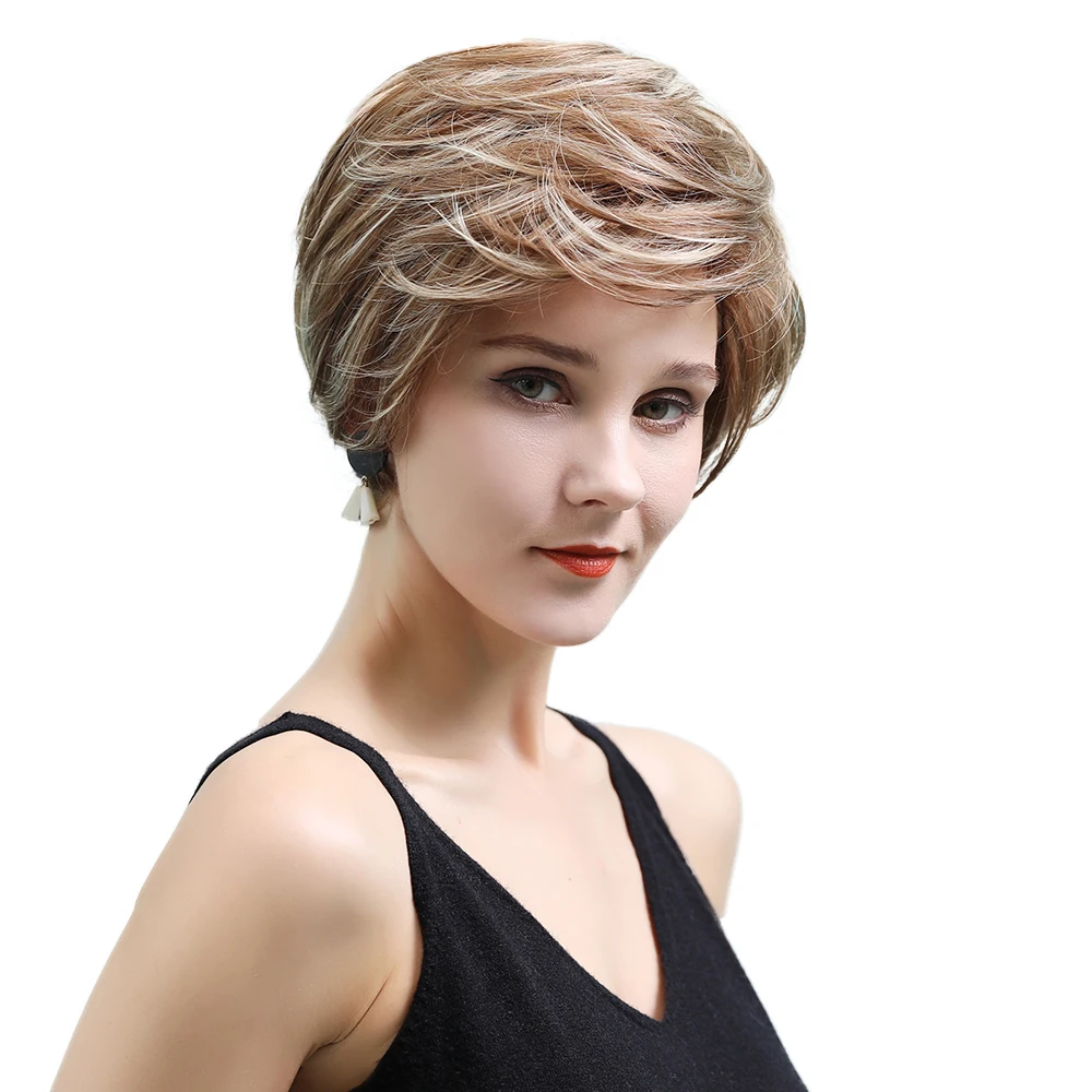 

BVR gold and brown blend partially short straight human blended wigs