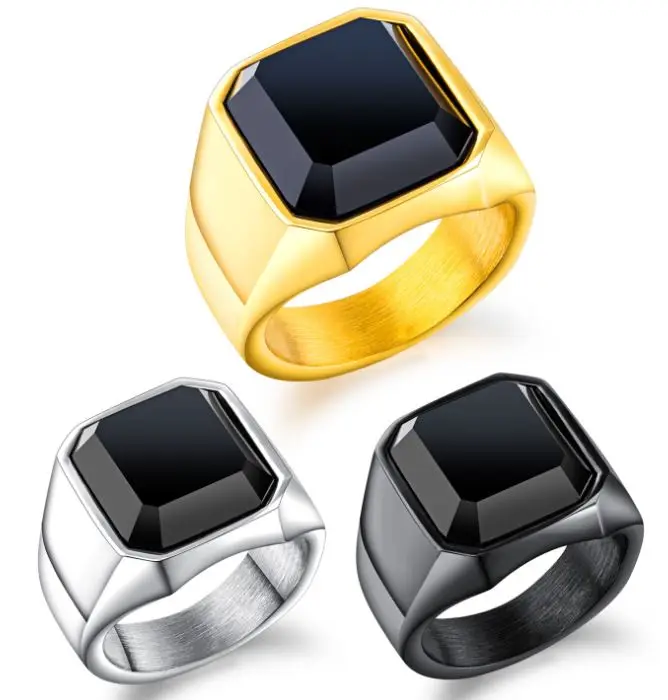 

Jewelry Wholesale Simple Stainless Steel Titanium Steel Inlaid Black Stone Ring Men
