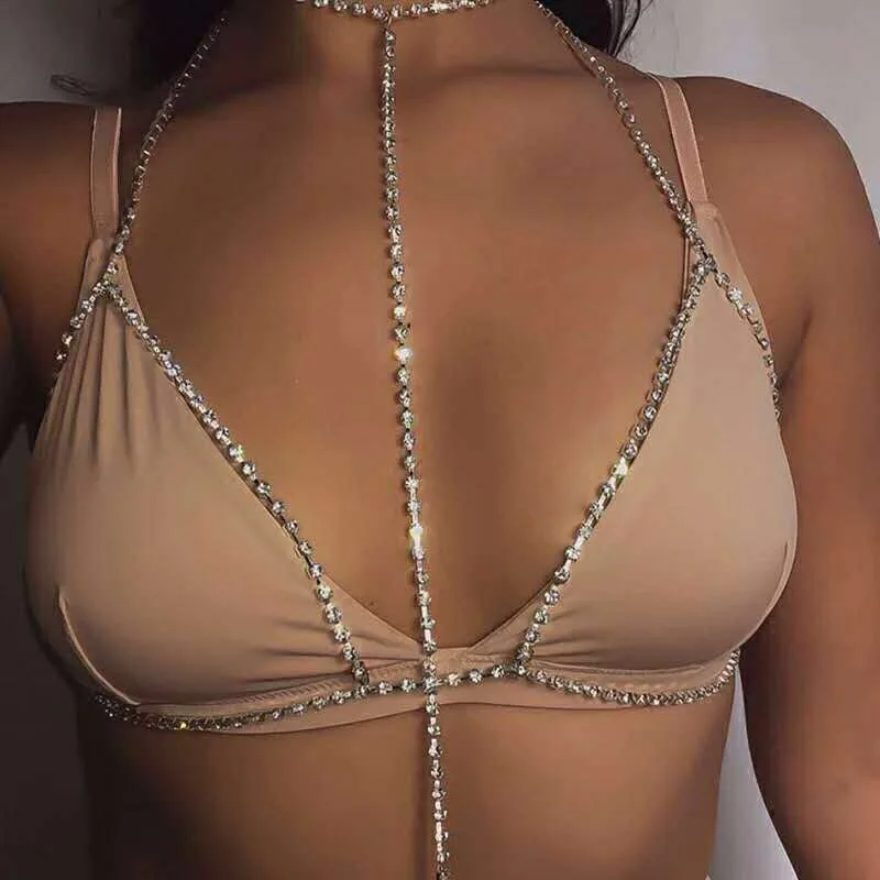 

Genya Boho Rhinestone Body Chain Summer Beach Body Jewelry Statement Chest Chain Crystal Necklace, Picture