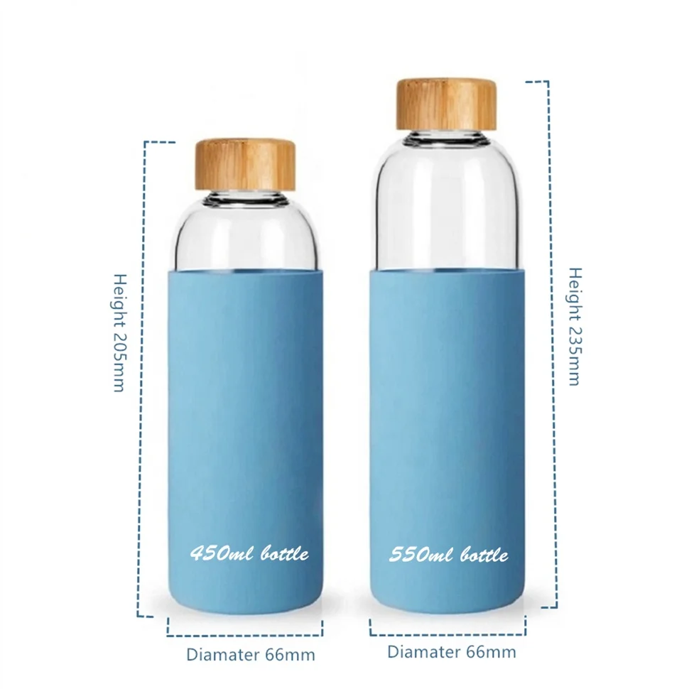 

Leakproof reusable glass water bottle with Silicone Sleeve , 550ml 20Oz bamboo lid water bottle from glass bottle factory