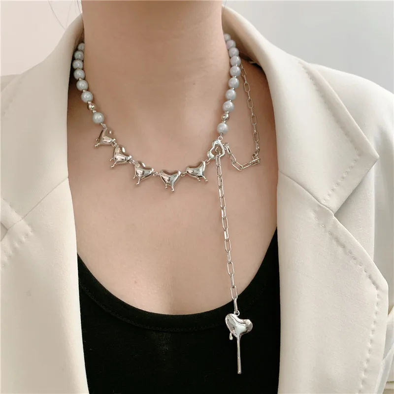 

Trendy Creative Design Chain Stitching Heart Necklace Imitation Pearl Chain Tassel Pendant Clavicle Chain Women Jewelry