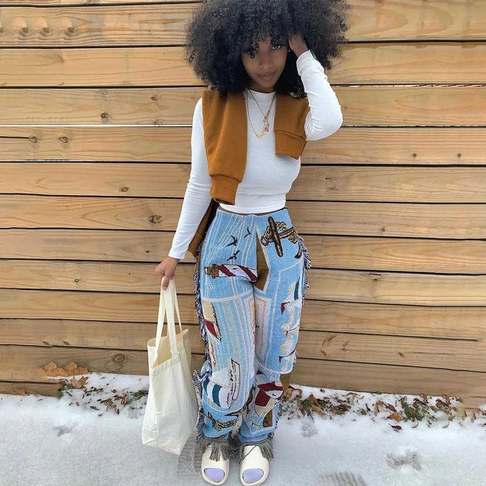 

Street 8 Colors Fashion Letter Cartoon Printed Sexy Jogger Fringe Tassel Y2K Pants