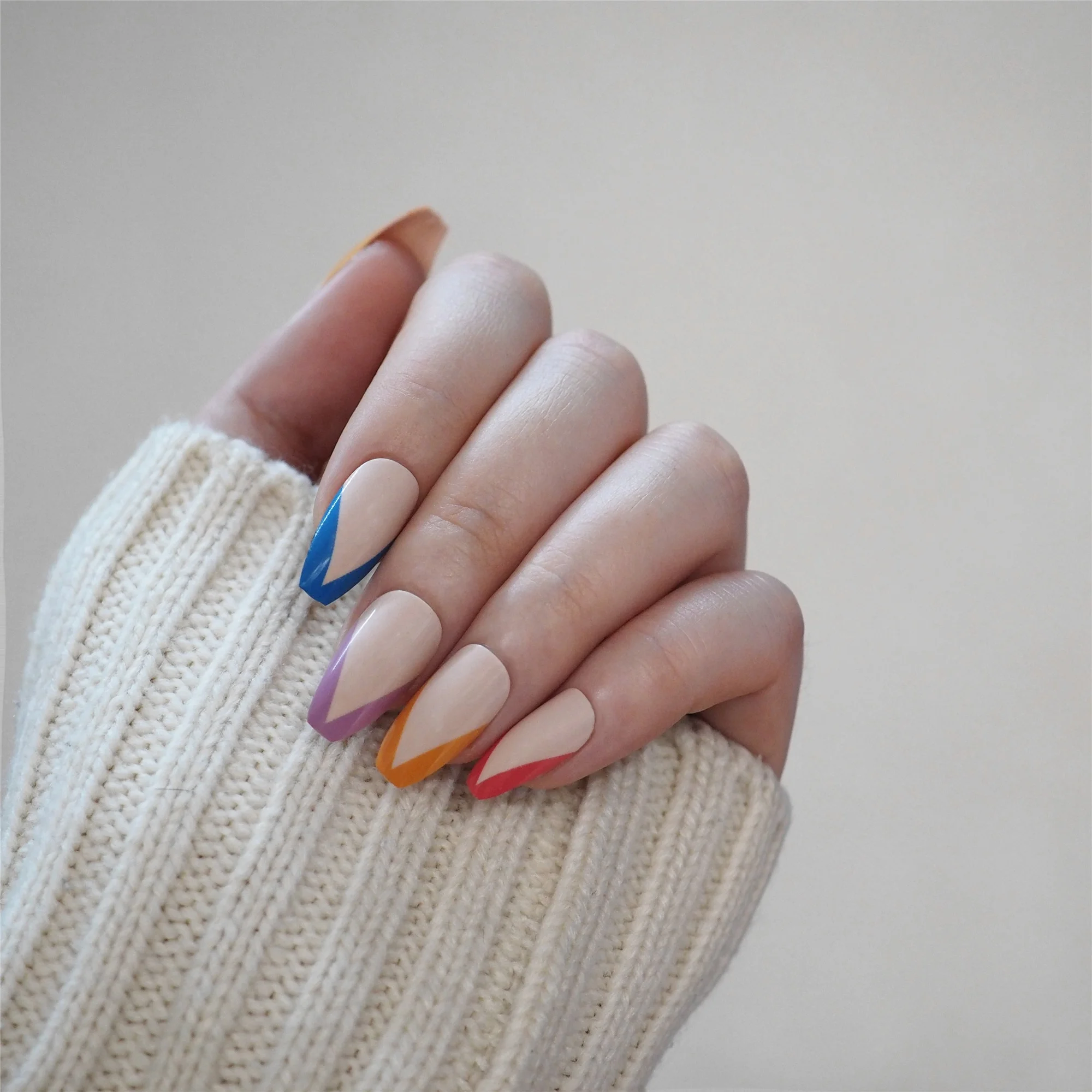 

Rainbow Neon Pastel French False Nails Press On Nail Short Coffin Colorful Artificial Nail Private Label