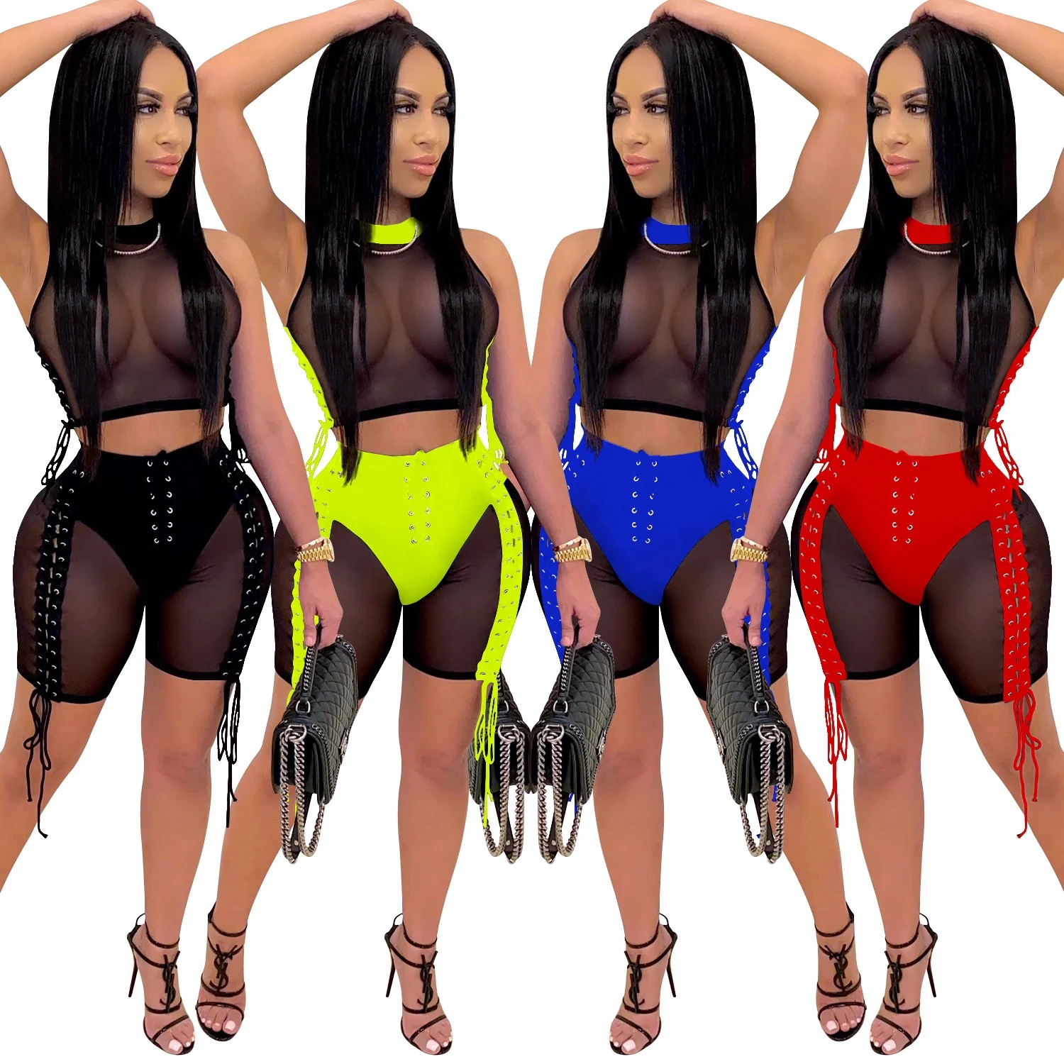 

Nightclub Women Lace Up Sexy Tracksuit Two Piece Set Mesh See Though Patchwork Tops and Shorts Suit Club Party Fitness Outfits