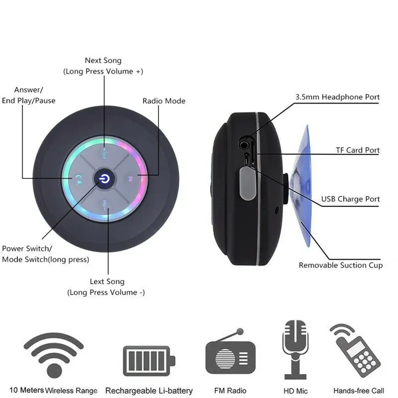 sucker bathroom waterproof wireless speaker with led light and handsfree - ANKUX.COM