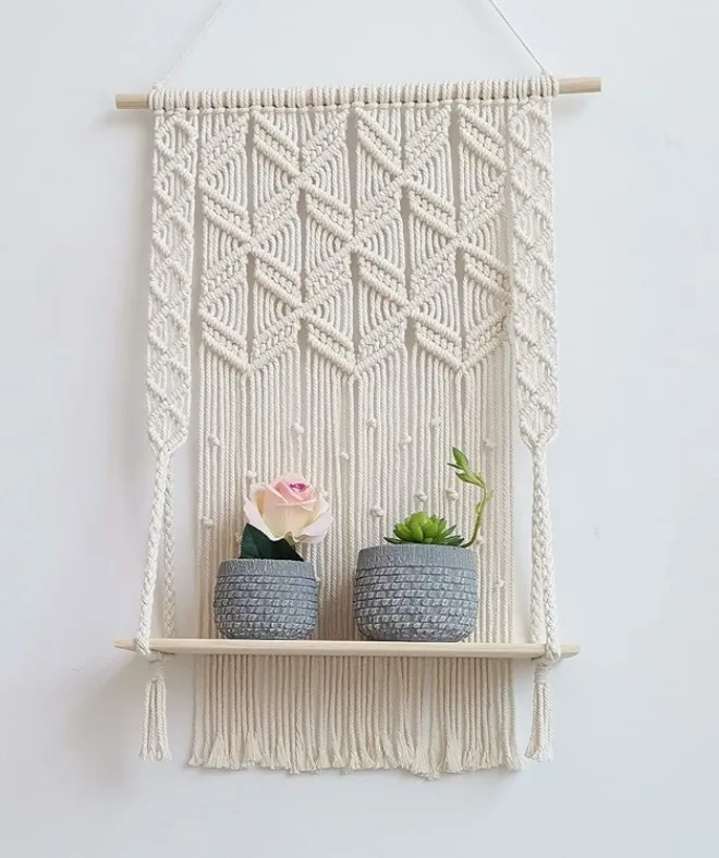 

Bohemian Nordic Style Hand-Woven Macrame Wall Hanging Floating Shelf for Living Room Decorations Wall Decor
