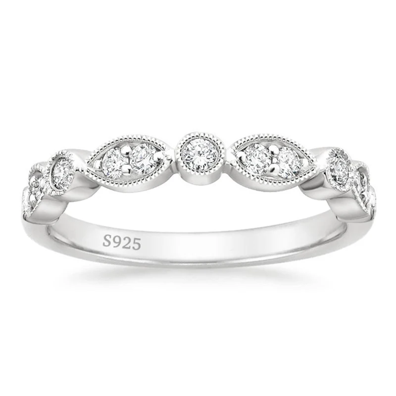OAHLAN 925 Sterling Silver Wedding Band for Women Cubic Zirconia Marquise & Round Milgrain Half Eternity Stackable Ring Jewelry