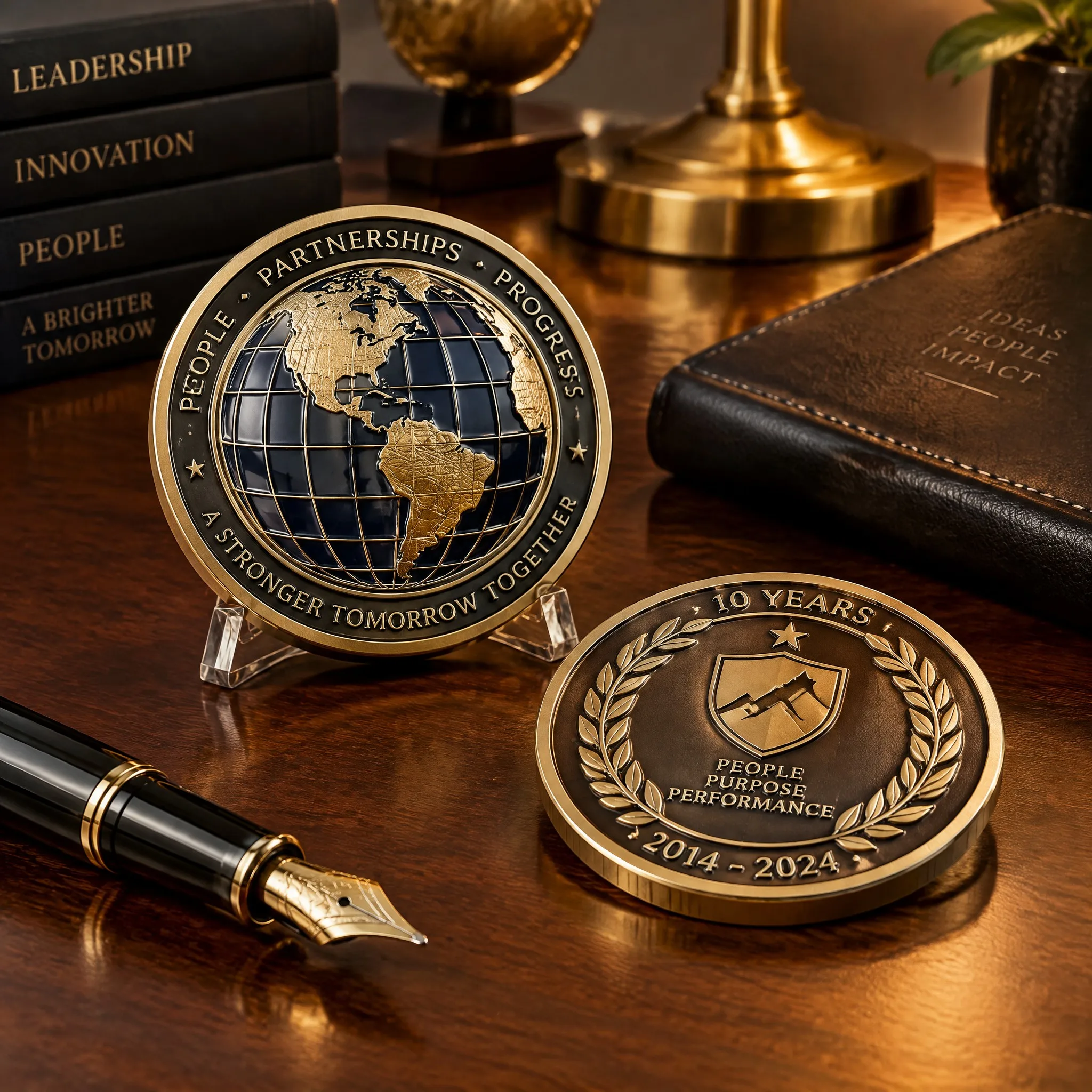 10-Year Corporate Anniversary Shield Coin and Translucent Enamel Globe Medal