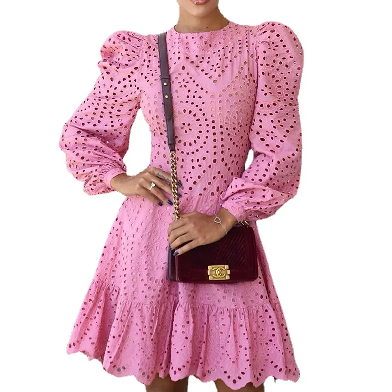 

Puff Sleeve Ruffle Pink Casual Dresses Women Lady Elegant Hollow Out Dress Sexy Elegant Dress