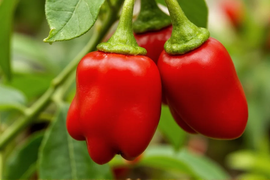 Close-up of vibrant red chili peppers showing deep color and glossy skin on garden plant