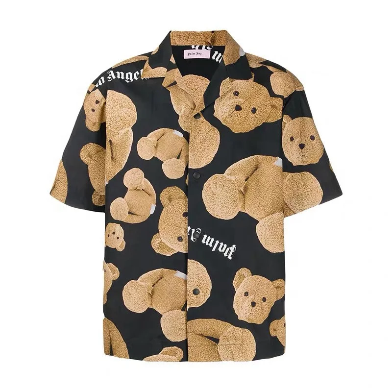 

Men Women PA Guillotine Bear Cartoon Print Shirt High Street Silk Beach Holiday Shirt Short Sleeve Loose Oversize Shirt