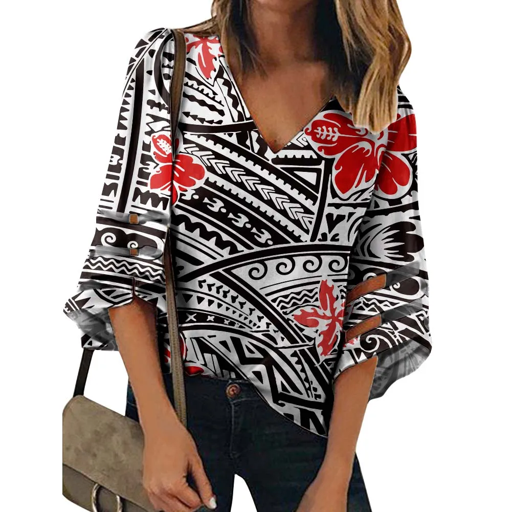 

Samoa Polynesian Hawaii Hibiscus Pattern Summer Clothes Women Casual Loose Comfortable Breathable V-Neck Blouse Top Pullover, Customized color