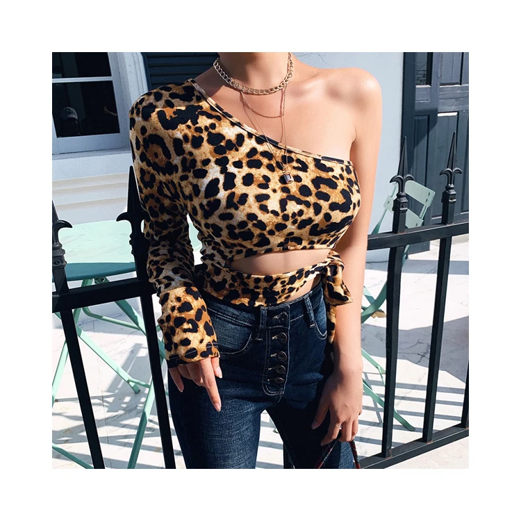 

YH1435 New Fashion Summer Leopard Dry Fit Bandage Sexy Long Sleeve Women's Crop Top, Picture color