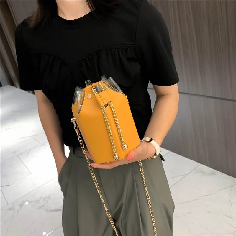 

High Quality Stitching Pvc Pu Chain Messenger Belt Drawstring Bucket Bag Clutch For Women, 4 colors