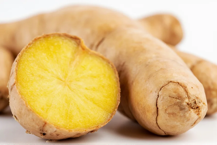 Close-up of fresh ginger root with peeled section showing fibrous interior and bioactive compounds