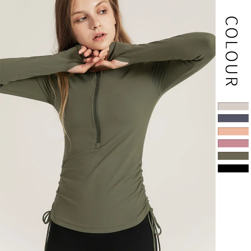 

Drawstring Yoga Clothes Top Casual Slim Quick-drying Running Zipper Long Sleeve Yoga T-shirt Gym Top Woman Fitness, As pic