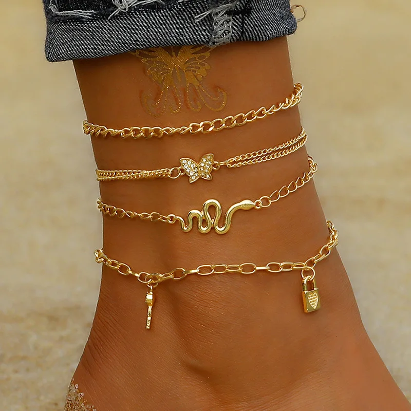 

2021 Fashion new foot chain retro personality women anklets snake gold chain butterfly lock pendant jewelry anklet women, 1 color