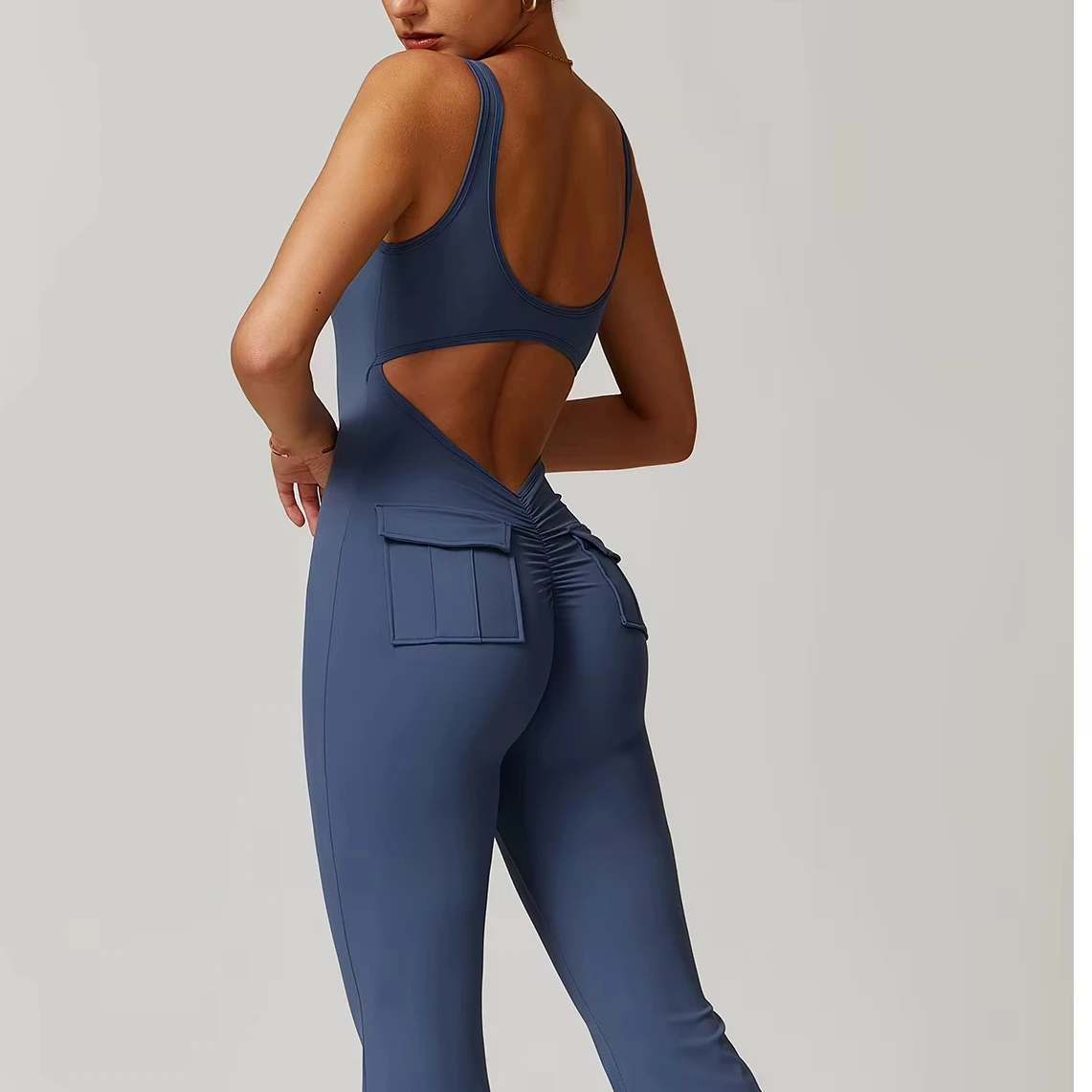 Summer One-piece Flare Leggings Yoga Jumpsuit Fitness Scrunch Butt Gym Bodysuit Backless Yoga Wear With Pocket