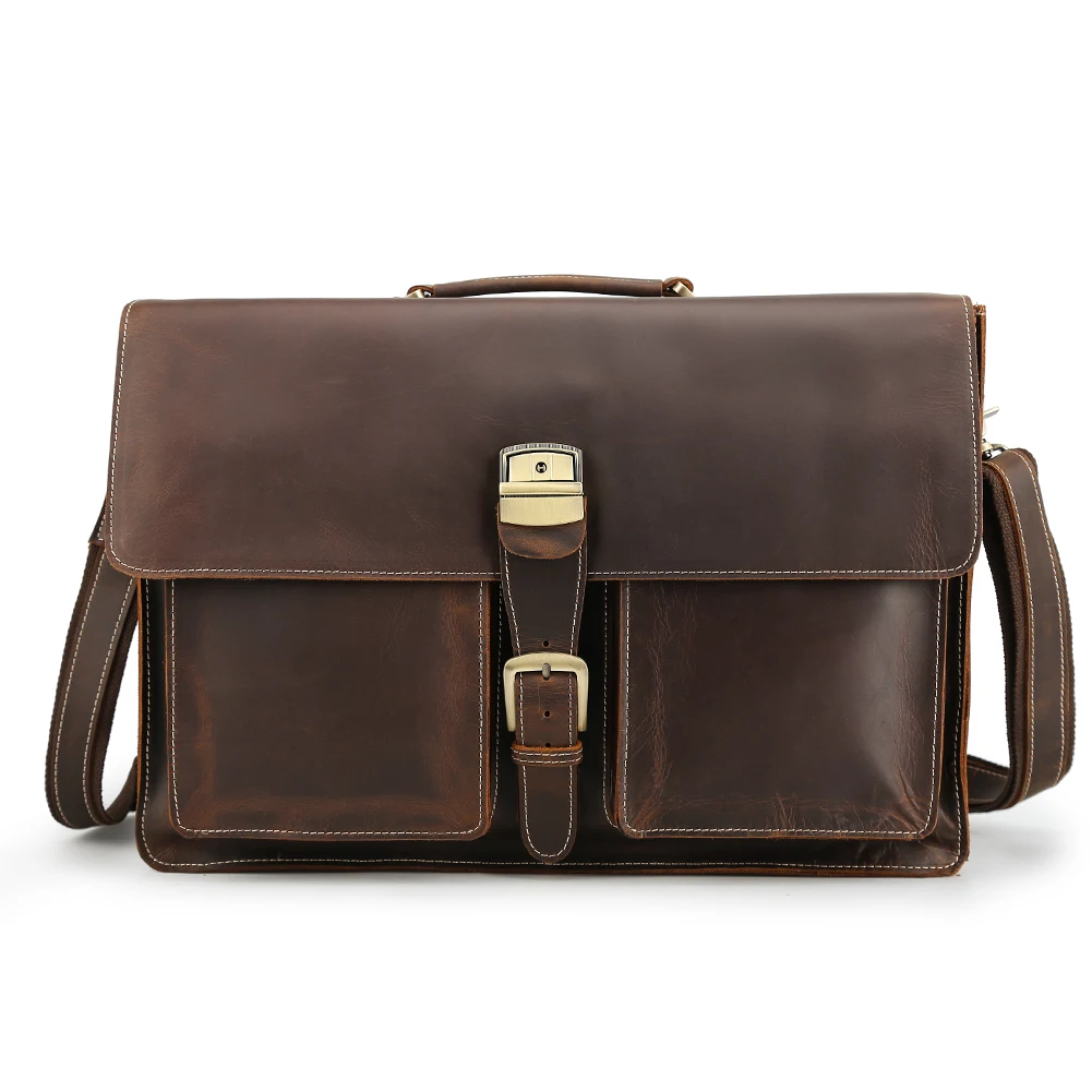 

Tiding 2022 New Arrival Vintage Style Brown Real Cowhide Crazy Horse Genuine Leather Laptop Bag Business Briefcase For Men, Dark brown