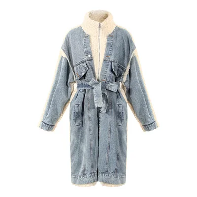 

2021 Ladies Autumn Winter Vintage Outwear Female Long Sleeve Tops Oversized Lamb Fur Jeans Patchwork Coat Women Denim Jacket