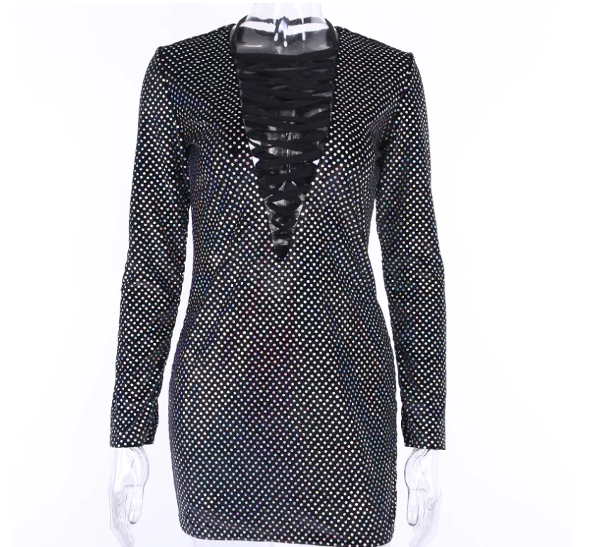 

Sexy Women Party Club Wear Long Sleeve Bandage Sequins Mini Dress, Picture shown