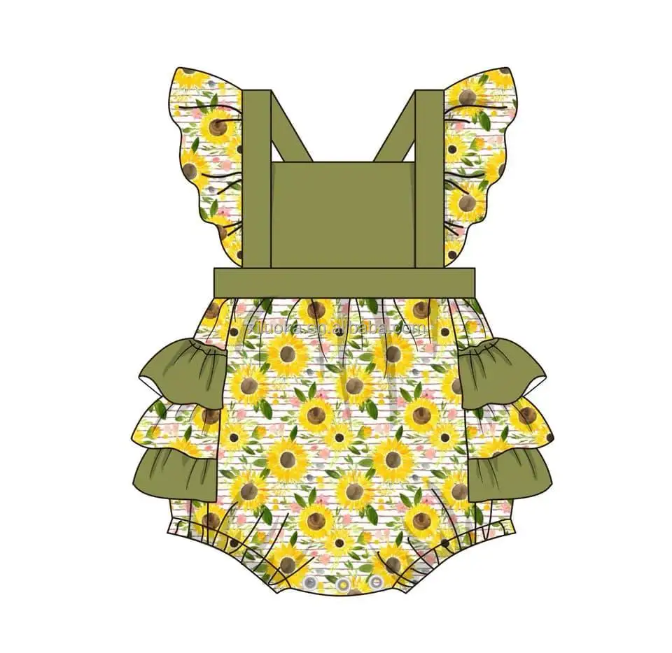 

High Quality Baby Girl Ruffle Clothing Flutter Sleeve Toddler Sunflower Romper
