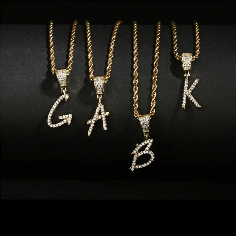 

Fashion women jewelry hips hops 18k gold plated twisted chain A-Z initial letter crystal zircon pendant necklaces