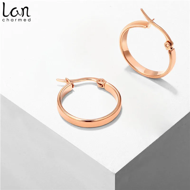 Lancharmed Rose Gold Round Flat Hoop Earrings Jewelry Trendy 316 Stainless Steel Earrings