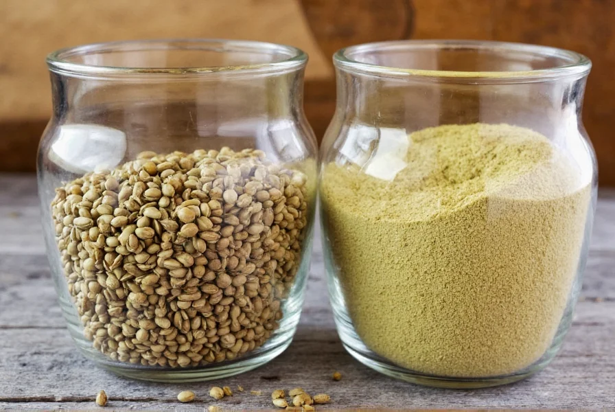 Glass jars containing whole coriander seeds and ground coriander powder side by side