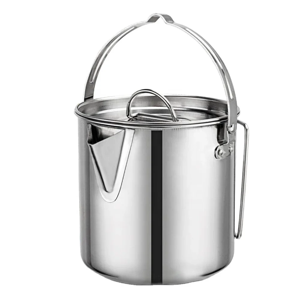 

TY Stainless Steel Camping Tableware Hanging Pot with Lid Outdoor Cookware Camp Mug Soup Coffee Pot Water Kettle, Silver