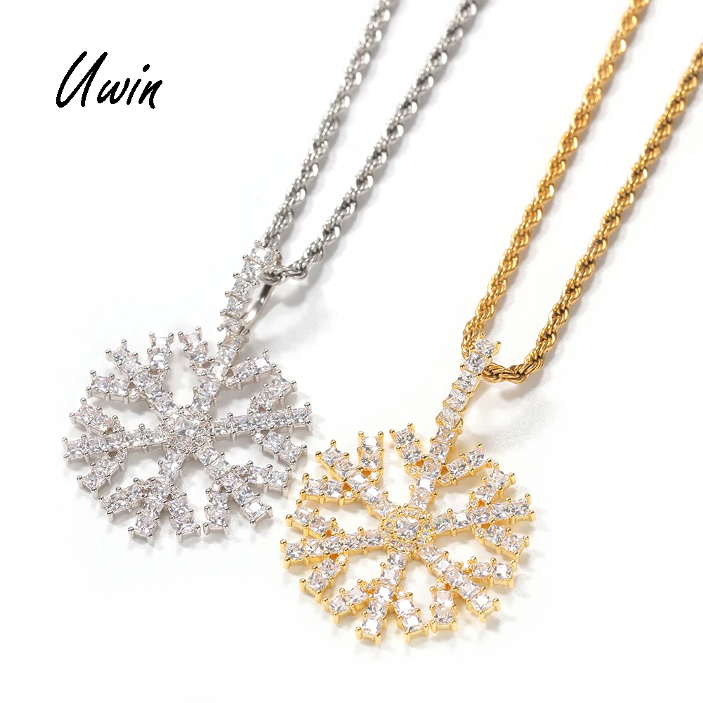 

UWIN ICed Out CZ Snowflake Pendant Charm Bling Snow Flake Necklace with Diamond Tennis Chain Rapper Jewelry for Women Men