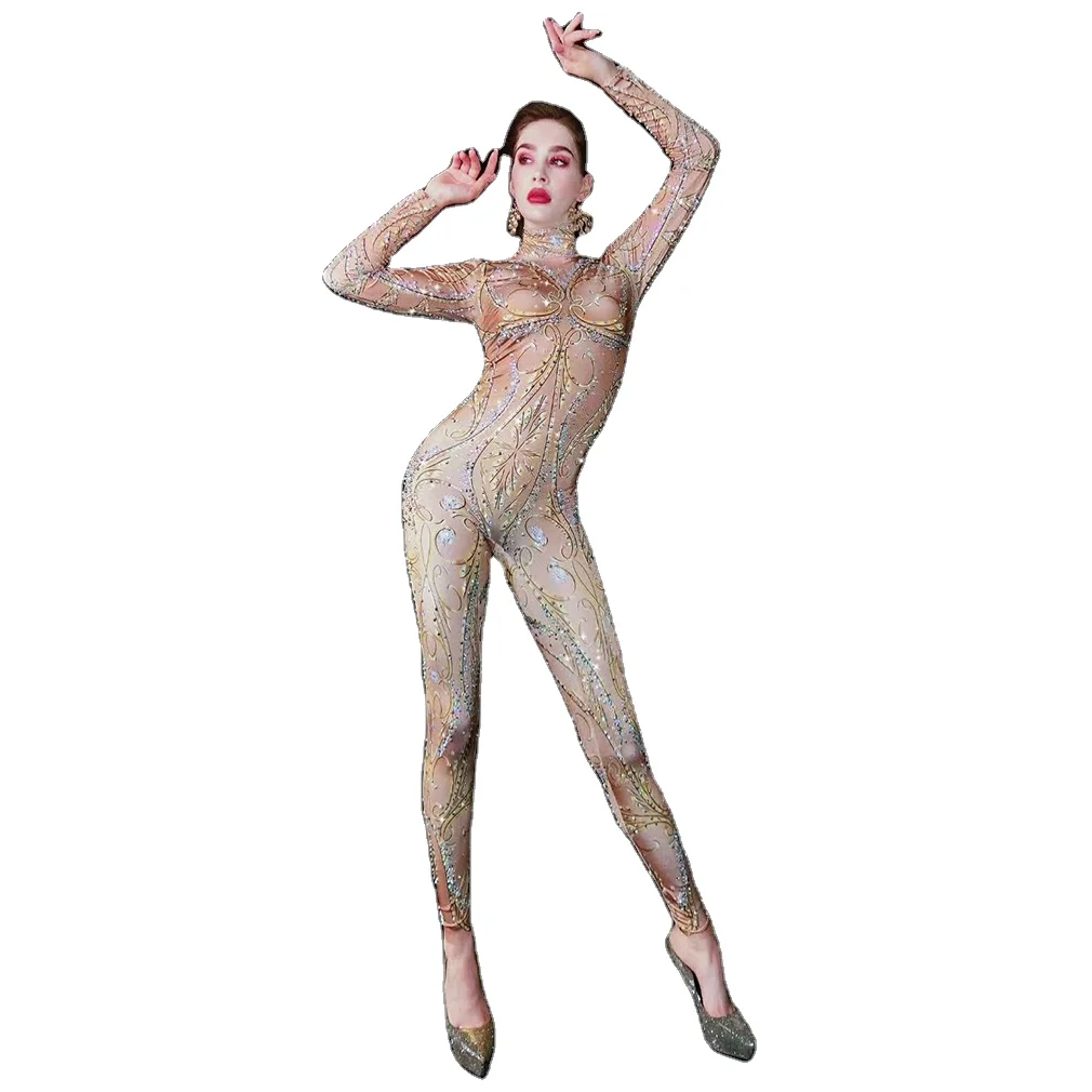 

2021 Wholesale See Through Gold Striped Slit Sequin Mesh Bodycon Jumpsuit