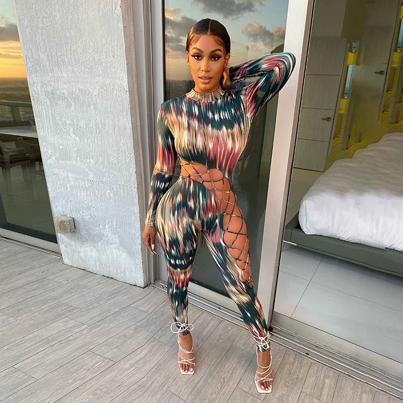 

2021 New Arrival Latest Design Hollow Sexy Jumpsuits For Women Long Sleeve Slim Fit Printing Jumpsuit Ladies