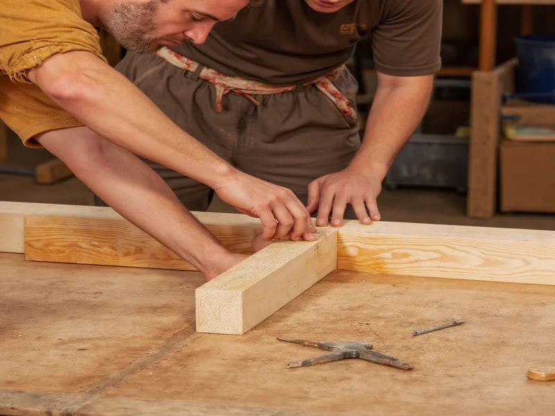 Craftsman assembling timber frame joints without nails