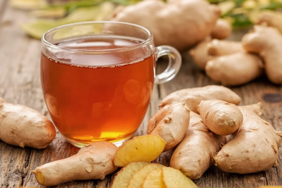 Fresh ginger root slices steeping in clear glass teapot