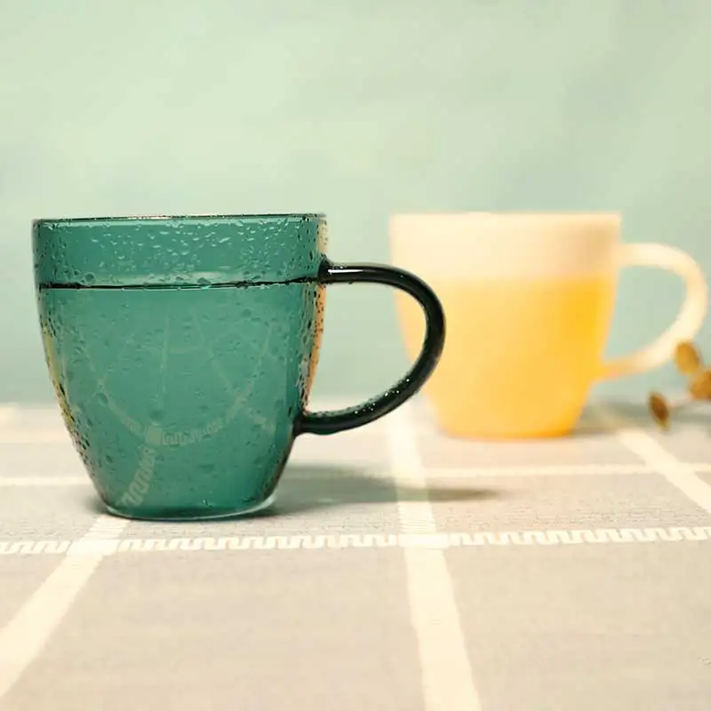 

Customizable borosilicate drinking glass water cup juice coffee cup with handle, Teal,jade white