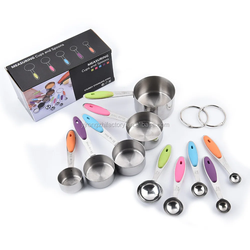 

Wholesale 10 piece measuring cups and spoons set with silicone handle stainless steel measuring set, Customized
