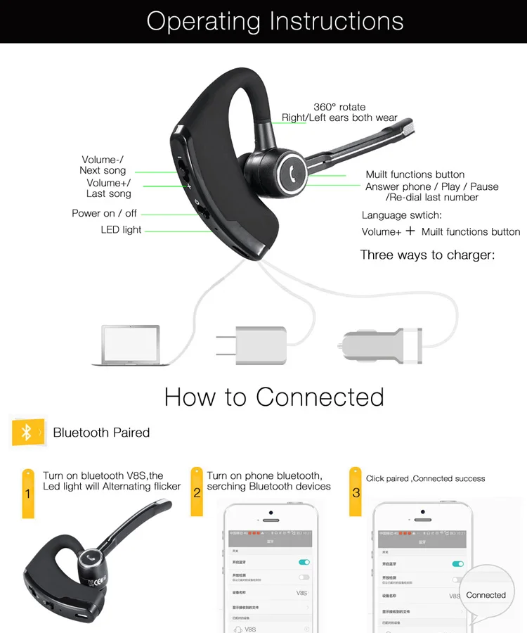 V8 V8S V9 Stereo Smart Bluetooth 4.1 Earphone Business Wireless Headset Ear-hook Headphones with Mic For phones