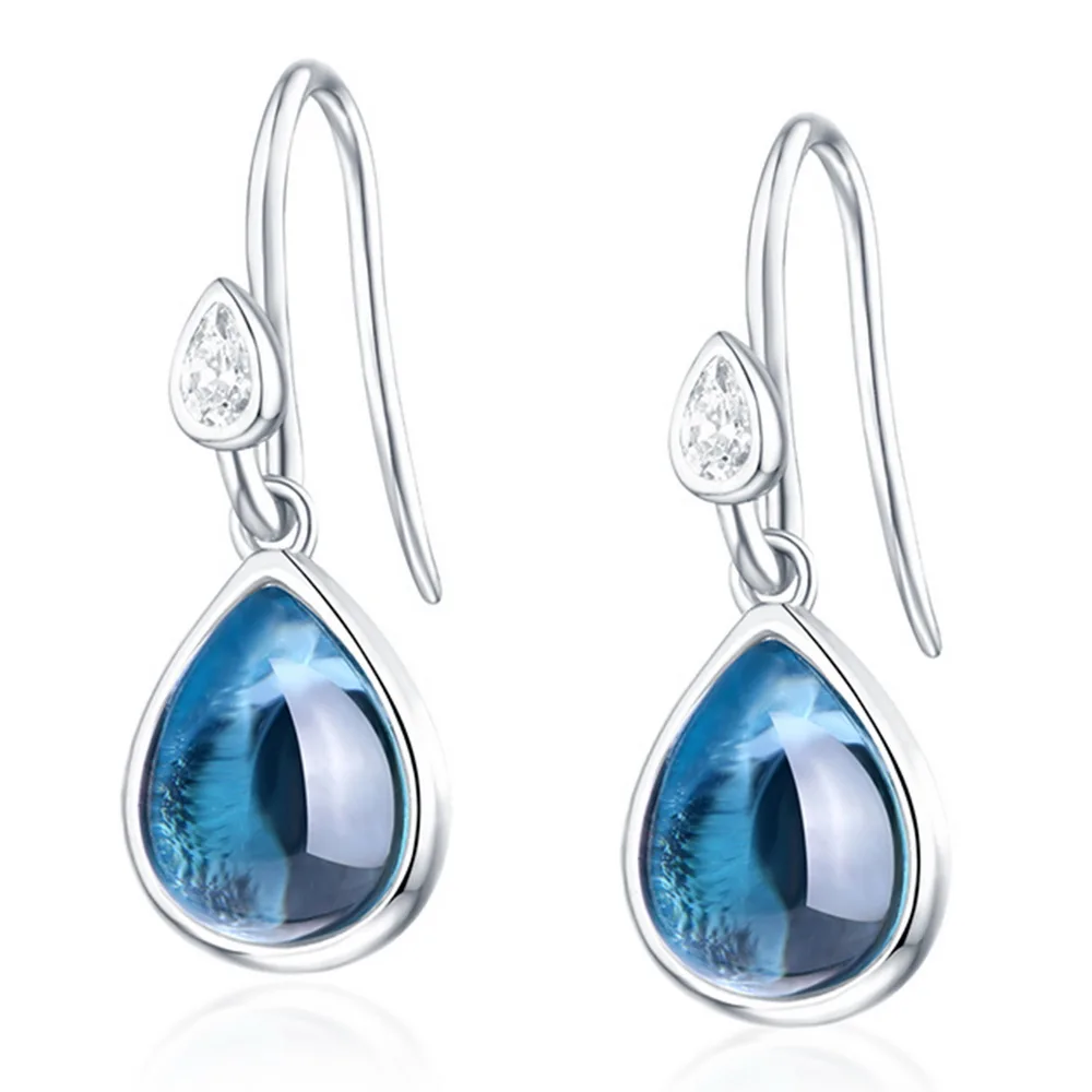 

White gold gemstone dangle hook 925 Sterling silver waterdrop sky blue topaz earrings