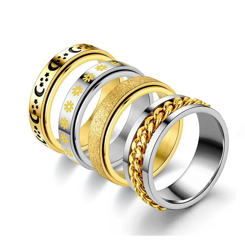 

High Quality Colorful Gold Stainless Steel Matte Ring Female Fashion 8mm Stainless Steel Gold Spinner Rotatable Chain Rings, Golden,black,blue,sliver