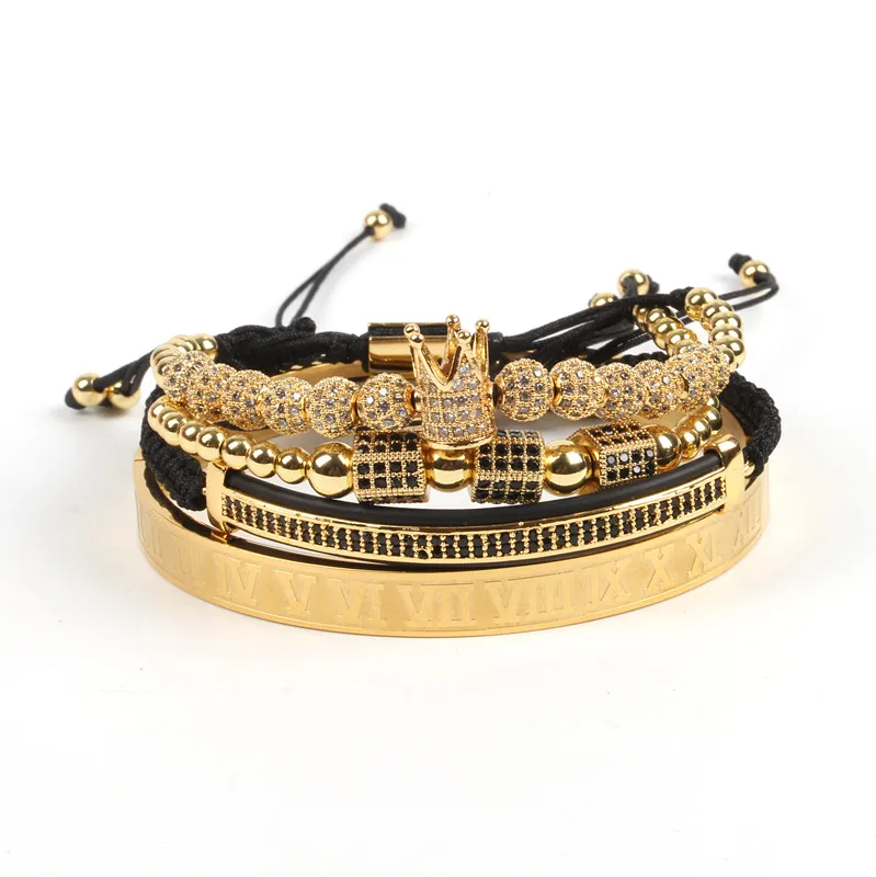 

European Hot Selling Fashion Luxury Men's 4Pcs/Set Stainless Steel Roman Bangle Royal Gold Crown Macrame Bracelet Set