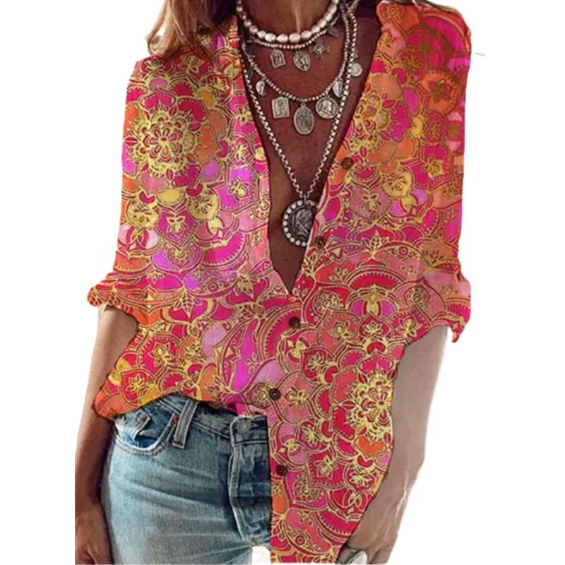 

European and American autumn small floral shirt Blue red sleeve shirt top women