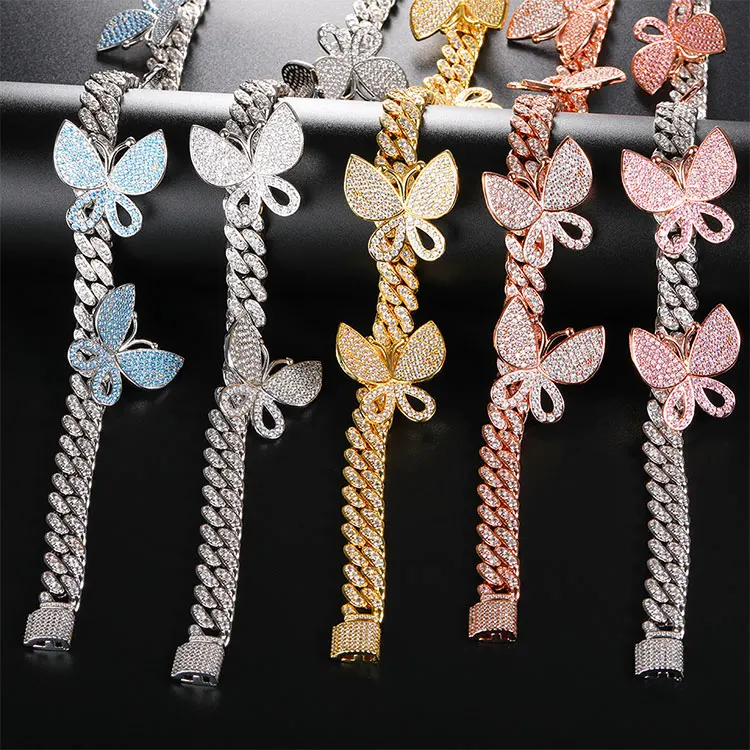 

XUQIAN Hip Hop Jewelry 18K Gold Zircon Bracelet Single Row Full Diamond Christmas Butterfly Cuban Necklace