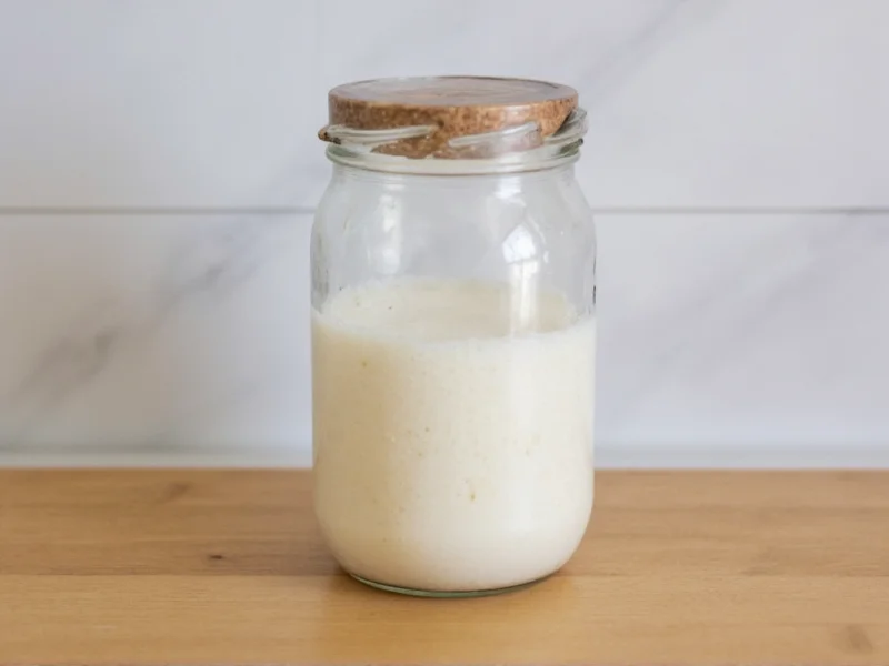 Homemade sourdough starter bubbling in glass jar