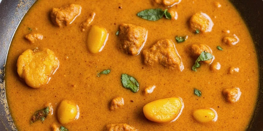 Chef smiling while sprinkling curry into a delicious-looking stew