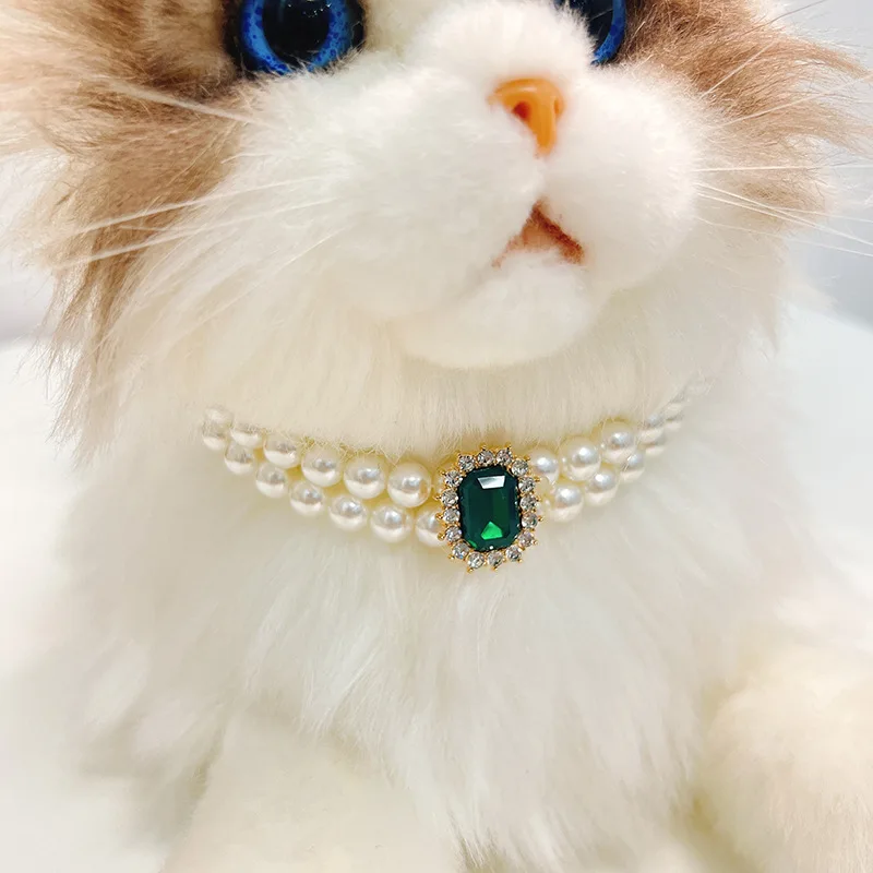 

European and American Rhinestone Pearl Pet Scratch Necklace Double layered Layered Cat Dog Necklace