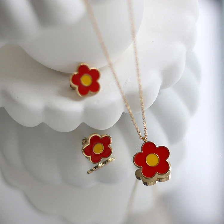 

Small red Enamelled pretty Daisy flower necklace earring sets kalung titanium stainless steel jewellery for girls holiday gifts, Optional as picture,or customized