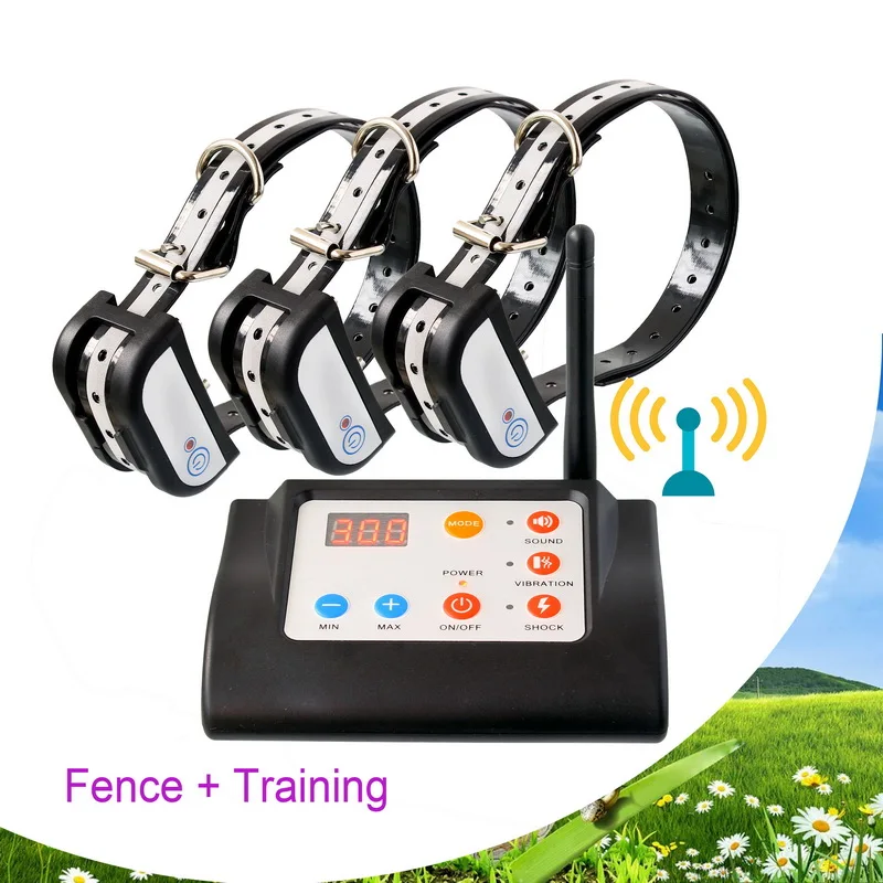 

US 3 IN 1 Wireless Electric Pet Dog Fence 4 Working Modes Dog Training Collars Waterproof Rechargeable Pet Containment System, Black
