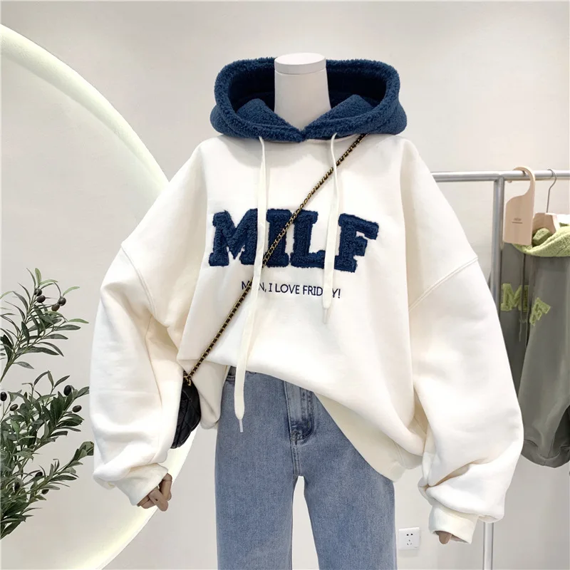 

Letter Stitching Lamb Hair And Velvet Bf Wind Hooded Sweater Custom Logo Women Pullover Hoodies