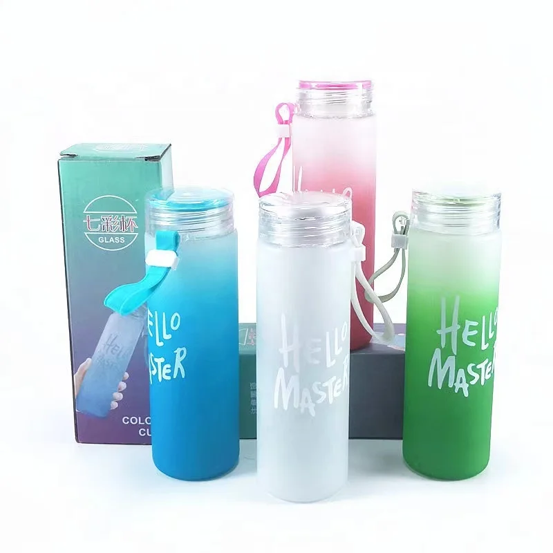 

Personalised Designer Colorful Glass Water Bottles Portable Gradient Bpa Free Frosted Borosilicate Glass Water Bottle, 4 color